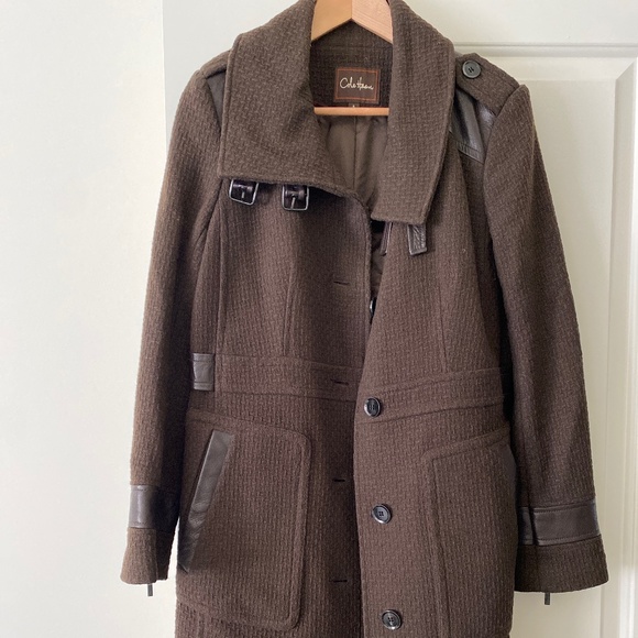 Brown wool and leather trim  3/4 coat - Picture 1 of 5